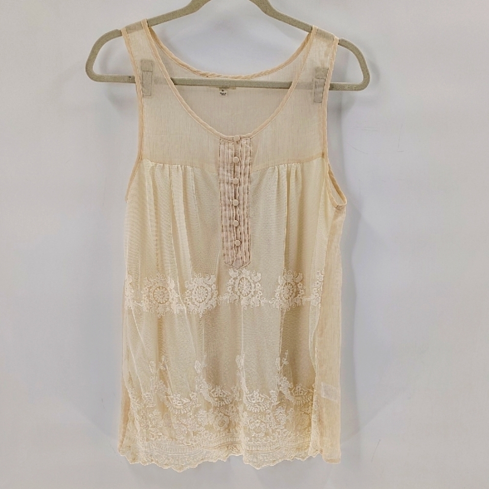 Umgee Sheer Cream Sleeveless Top Size Medium Button Front Brocade Lace
